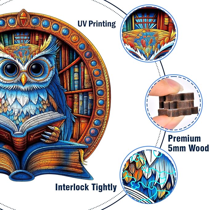 Unique Wooden Puzzles for Adults, Book Owl Puzzle 200 Pieces, Animal Shaped Wood Puzzles Adult, Wooden Jigsaw Puzzles for Adults, Family Games for Kids and Adults