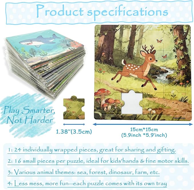 Puzzles for Kids Ages, 24 Pack 16 Pieces Jigsaw Puzzles | With Base Board, Individually Wrapped, Animal Educational Toys, Party Favors Birthday Gifts Classroom Rewards
