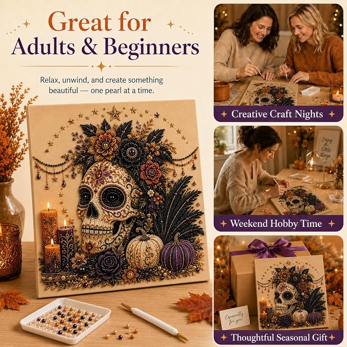 Halloween Pearl Art Kit for Adults, DIY Fall Craft (Skull) | Create textured Halloween decor through a screen-free, beginner-friendly craft activity.