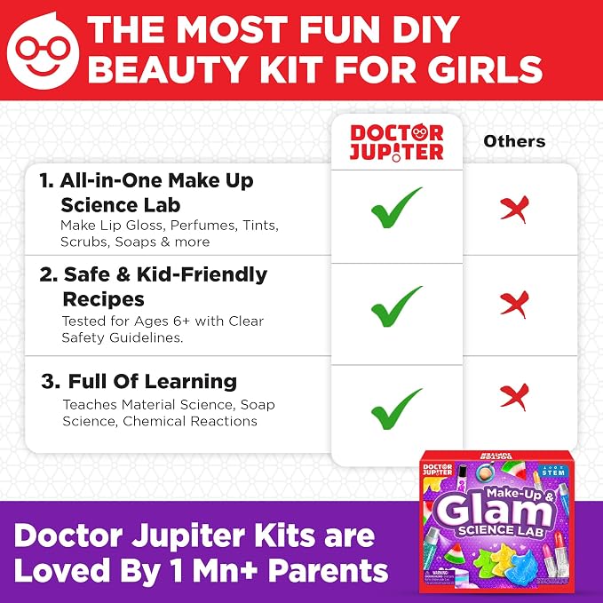 Doctor Jupiter Glam Science, DIY Makeup Craft Kit for Kids Ages 6,7,8+ | Birthday Gift for Girls Ages 6,7,8,9,10,11,12, DIY Makeup Craft Kit, Make Your Own Lip Gloss, 50+ Beauty Recipes