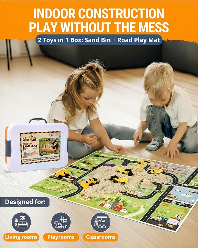 Construction Sensory Bin for Toddlers, 2-in-1 Play Mat, Ages 3+ | 2.6 lbs Moldable Magic Sand · 22-Piece Kit · Snap-lid Bin w/ Handle · Sensory Kit · Learning Activity · Ages 3-7