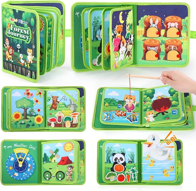Busy Book for Toddlers 1-3, Montessori Toys Busy Board for 1 Year Old, Upgraded Composite Fabric Animal Forest Quiet Book with Fishing Game, Airplane Travel Essential Activities Birthday Gift Boy Girl