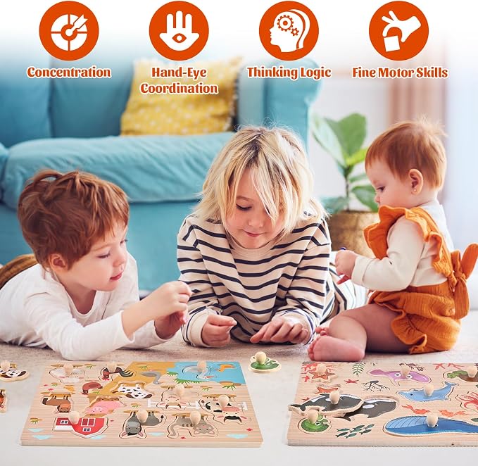 Wooden Peg Puzzles for Toddlers 1-3, 2 Pcs Montessori Puzzles, Upgraded Animal & Sea Themes Puzzles, Great Preschool Educational Learning Gifts for Girls and Boys