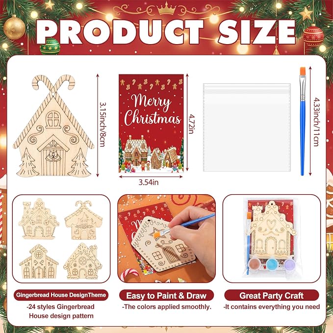 Saypacck 24 Pcs Gingerbread House Party Favors Wooden Paint Craft Kits | 8 Christmas Gingerbread House Crafts, Paintbrush Organza Bags, Christmas Stocking Stuffer Gifts