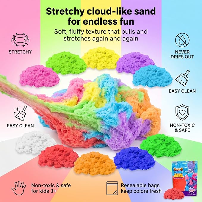 Carolart 10 Colors Cloud Sand, Stretch Sensory Sand Refill for Kids | Cloud clay sensory play set with 10 colors, sensory bin filler, sensory table refill and sand toys for kids ages 3+