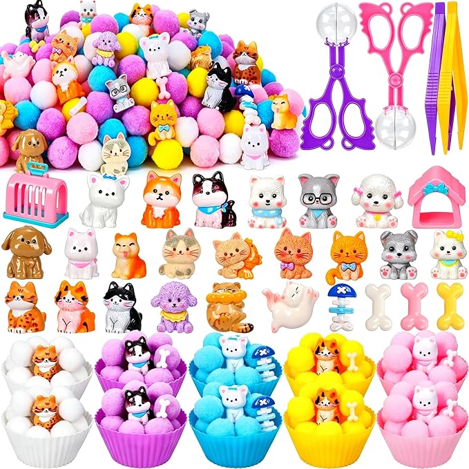 240Pcs Pet Sensory Bin Fillers -Pet Fine Motor Sensory Bin with Pom Poms Dog Cat Resin Cups Tweezers for Counting Sorting Training