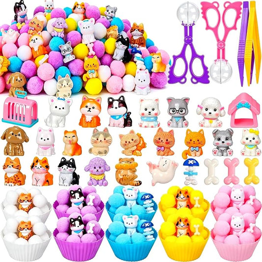 240Pcs Pet Sensory Bin Fillers -Pet Fine Motor Sensory Bin with Pom Poms Dog Cat Resin Cups Tweezers for Counting Sorting Training