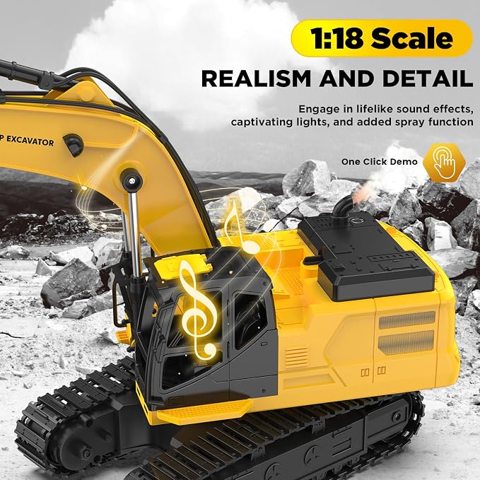 1:18 Metal RC Excavator Toy for Kids | 11-Channel Remote Control Construction Vehicle with Water Spray, Lights & Sounds, Dual 100-Min Batteries, 2026 New STEM Engineering Toy for Boys Ages 6-12