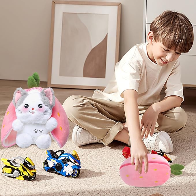MIAODAM Strawberry Cat Plush Stuffed Animal, Cute Reversible Plush Toy | Funny Transformable Cat Plushies Toy in A Strawberry Stuffie for Kid (7.8inch)