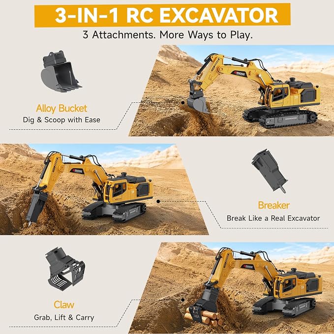Remote Control Excavator Toy for Boys, 3-in-1 RC Excavator with Alloy Bucket, Breaker & Grapple, Construction Vehicle Toys with Lights & Sounds, 2×1200mAh Batteries, Birthday Gift for Kids 3-12