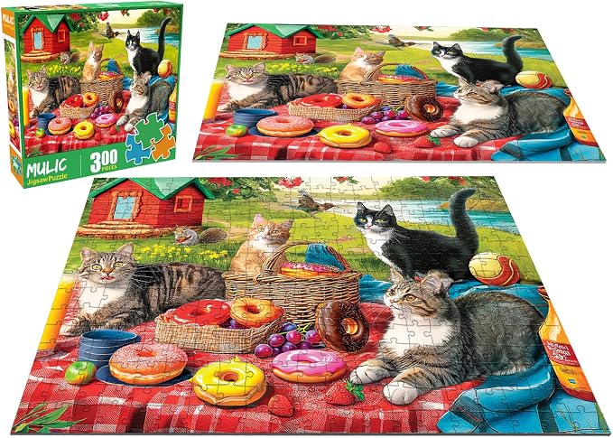 300 Piece Puzzles for Adults for Kids Clearance - Picnic Kittens and Donut | Donut Puzzle Gift for Kids