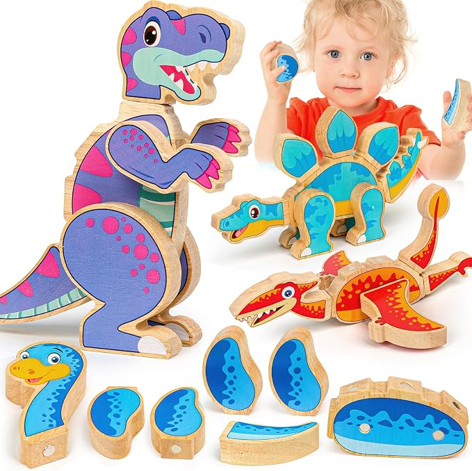 Dinosaur Toys for Kids 3-5,Wooden Magnetic Dino Take Apart Building Blocks Toys for Fine Motor Skills & Creative Play,Easter Basket Stuffers Gifts for Boys Girls