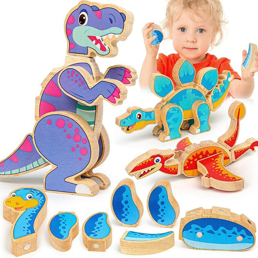 Dinosaur Toys for Kids 3-5,Wooden Magnetic Dino Take Apart Building Blocks Toys for Fine Motor Skills & Creative Play,Easter Basket Stuffers Gifts for Boys Girls