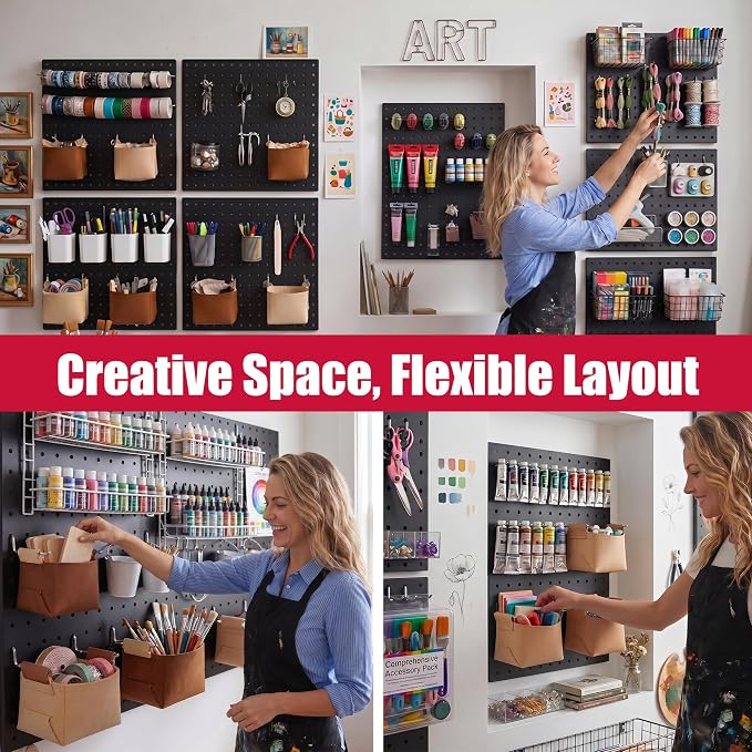 Spampur Peg Board, 6 Pack Metal Pegboard Wall Organizer with Accessories | Black Pegboard Panels with 50 Pcs Hooks and Baskets, Wall Organizer for Office, Craft Room Organization, Garage, Sewing Room