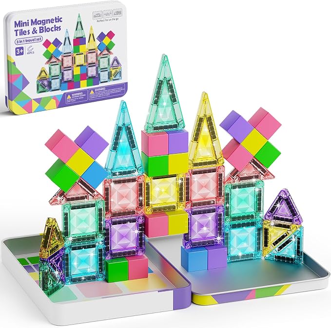 Travel Magnetic Tiles Building Set STEM Educational Building Toys | 48 PCS Transparent 3D Magnetic Blocks with Construction Board for Boys & Girls Ages 3-8 (3 in 1 Compatible)