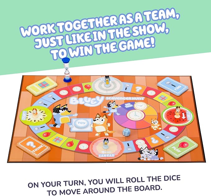 Bluey Scavenger Hunt Board Game, Cooperative Play with 4 Exclusive Mini-Figures, Learning Toys for 5+ Year Old, Fun Toy Token Collecting Game
