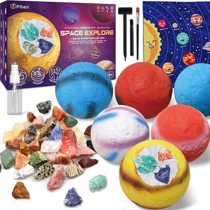 PIBEX Gemstone Dig Kit, Dig up 30 Rocks & Minerals from 6 Solar System Planets, Archaeology Geology Science Experiment Activity Set, Space Explore Mining Toy for Kids, Gift for Boys & Girls Age 6-8-12
