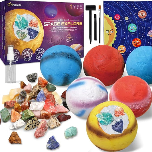 PIBEX Gemstone Dig Kit, Dig up 30 Rocks & Minerals from 6 Solar System Planets, Archaeology Geology Science Experiment Activity Set, Space Explore Mining Toy for Kids, Gift for Boys & Girls Age 6-8-12
