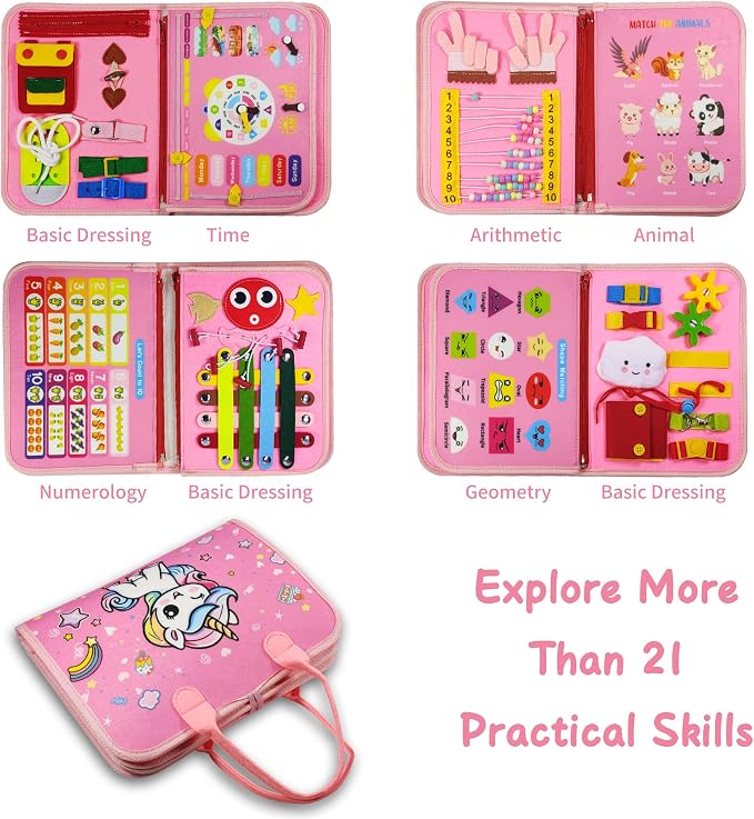 LearnToy Montessori Busy Board for Girls 3 4 5 Year | Sensory Toys for Toddlers 3-6, Ideal for Travel and Preschool - ABCs, 123s, Colors, Animals, Weather, Birthday Gifts-DE