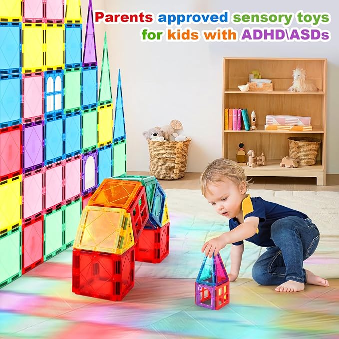 Mruikeny 100PCS Magnetic Tiles Kids Toys - Magnetic Building Blocks | STEM Magnet Building Set Preschool Learning Magnet Toys for Kids Ages 3-5 4-8, Sensory Montessori Toy for Toddlers 3+ Years