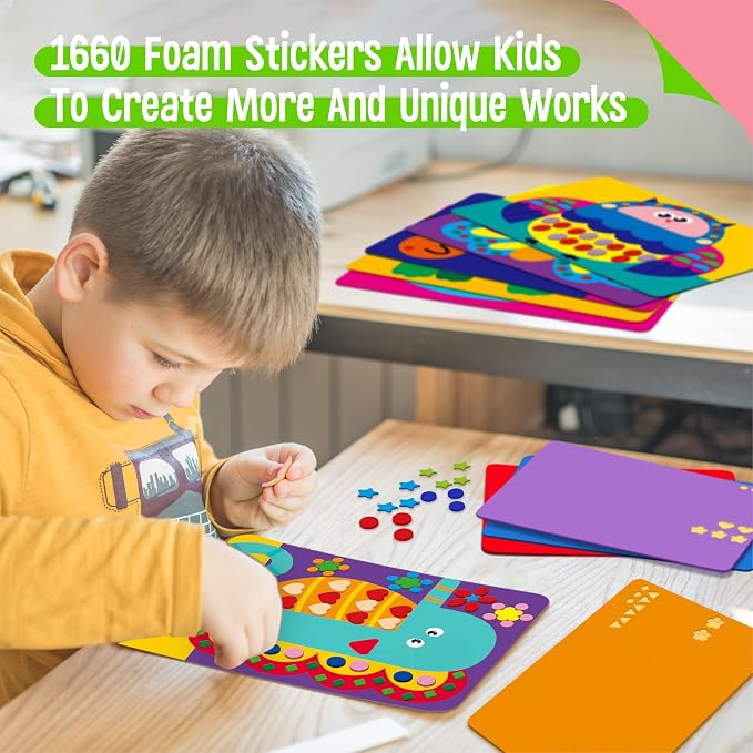 SpriteGru Foam Sticker Art Activity, 20 Animals with 1660 Foam Stickers in 10 Colors Fun with Foam DIY Activity Craft Kits Travel Game for Kids, Boys & Girls