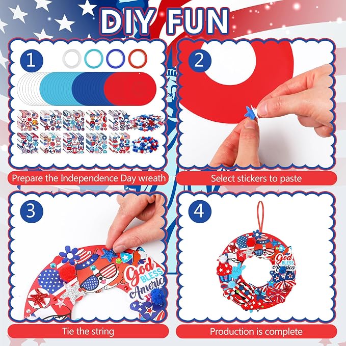 Hollowfly 48 Sets Patriotic Craft Kit, 4th of July Wreath DIY Paper | Pre-cut Foam Paper Pieces for Easy Assembly, Kids Classroom Party Crafts, Memorial Independence Day 250th Anniversary Decor