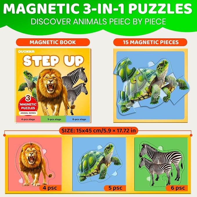 QUOKKA Step Up Magnetic Puzzles for Toddlers 1-3, Wild Animals Puzzle Set in One Book, Travel Games for Kids 3-5, Screen Free Toy for Toddlers and Preschoolers