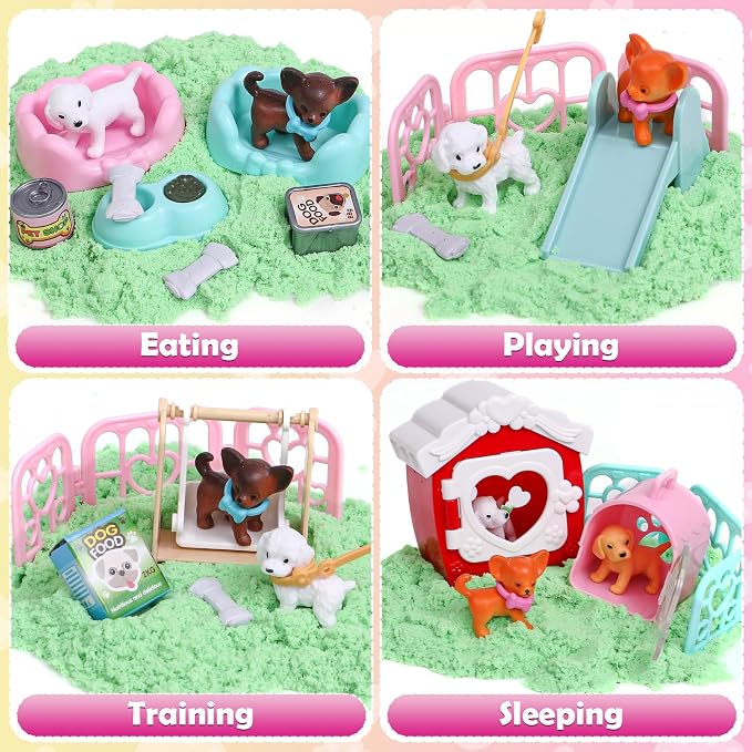 Lorfancy Dog Sandbox Toys Kids Play Sand Kit Toddler Sensory Bin Toy 2.2lbs Sand Pet Dog Figures Care Role Pretend Play Beach Toy Birthday Gift for Girls Boys 3 4 5 6 7 8 Years Old