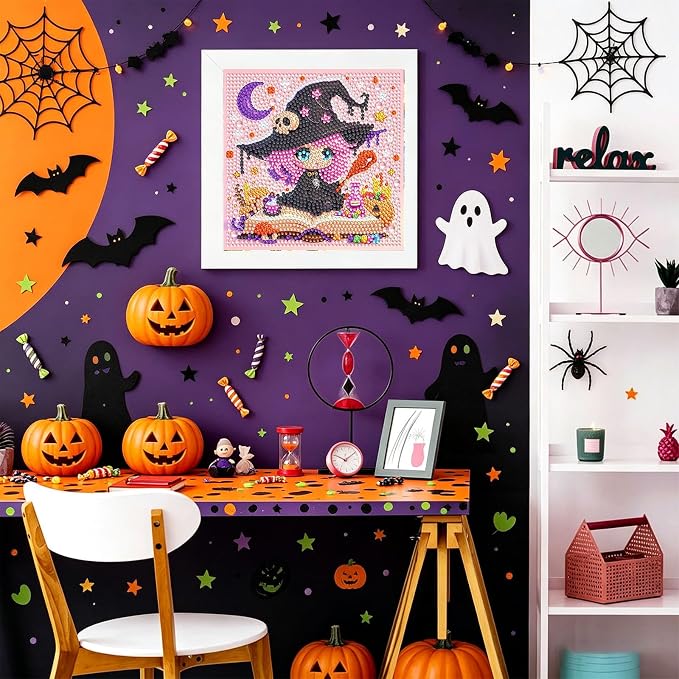 Gemozaic Halloween Diamond Art Kit for Kids Ages 6-8-12 with Frame, 7x7 in | Cute Witch Diamond Art for Kids 10 Year Old, DIY Big Gem Arts and Crafts for Boys and Girls Birthday Gift, Home Wall Decor