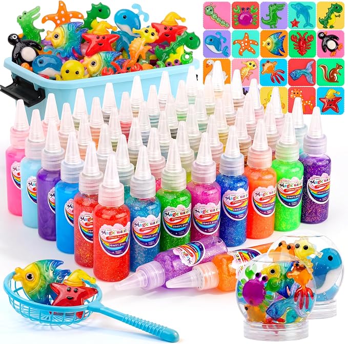 Nisuez Magic Water Elf Toy Kit - 50 Magic Gels (4 Type) & 20 Colorful Molds | DIY Squishy Making Kits Sensory Toys for Kids Color Shape Recognition & Fun Early Learning, 2 Display Bottles & Storage Bins