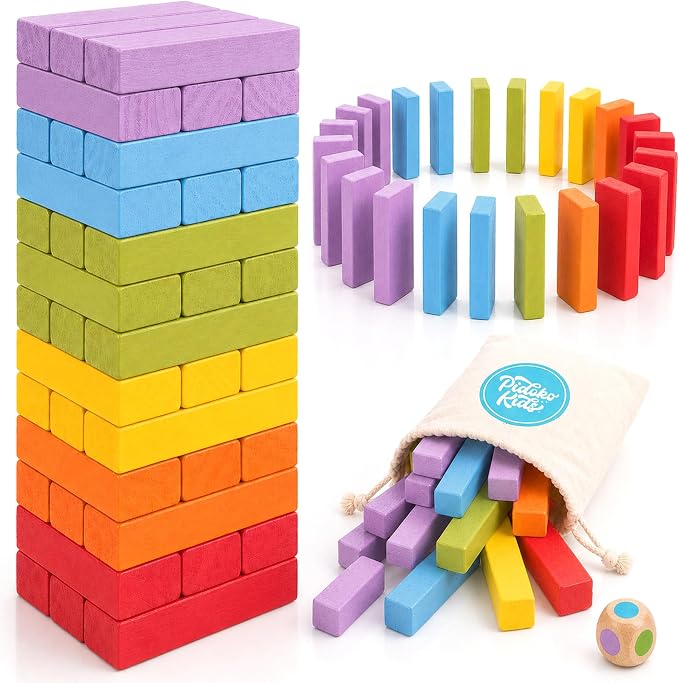 Pidoko Kids Wooden Tumbling Tower Blocks Stacking Game for Kids - 49 Pcs | Board Games for Family Game Night - Montessori Toys Gifts, Includes Storage Bag