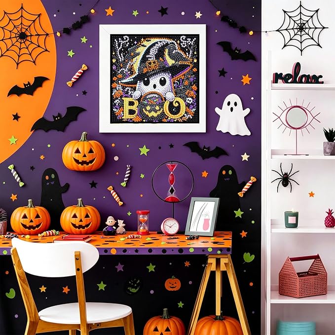 Gemozaic Halloween Diamond Art Kit for Kids Ages 6-8-12 with Frame, 7x7 in | Cute Spooky Diamond Art for Kids 10 Year Old, DIY Big Gem Arts and Crafts for Boys and Girls Birthday Gift, Home Wall Decor