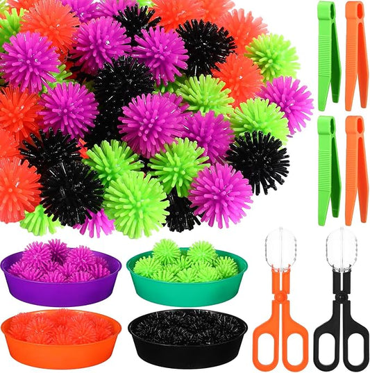 Leitee 71 Pcs Sensory Bin Filler,Black,Halloween | Hedge Balls Tweezers Clips Cups, Fine Skills Toys Set for Kids Counting Sorting, Sensory Bin Tools Preschool Learning