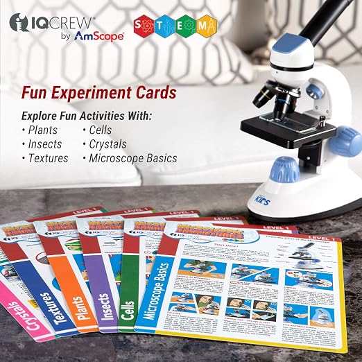 AmScope BK-EXCL1 Microscope Experiment & Activity Cards, Set of 6 | Six laminated cards with 14+ microscope experiments and illustrated step-by-step instructions.