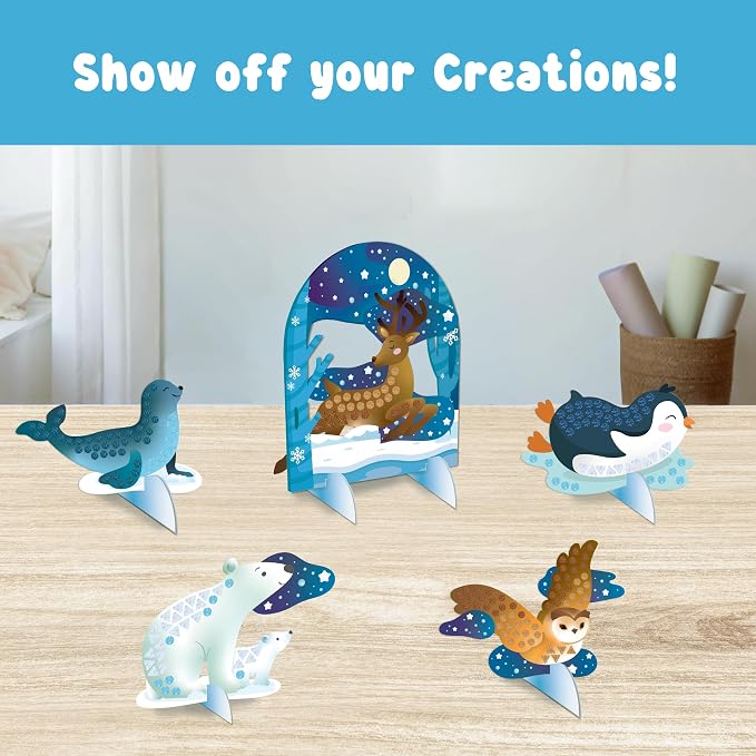 BINCA Foam Sticker Mosaic Art Activity, 750+ 3D Glitter Foam Stickers, 5 Winter Animals with Display Arch, DIY Mess-Free Activities, Gifts for Boys & Girls Ages 5,6,7,8
