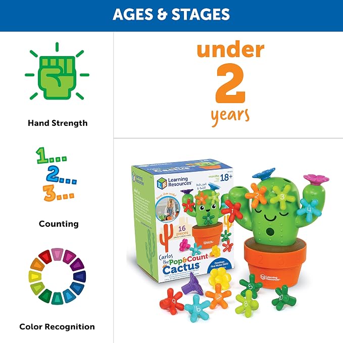 Learning Resources Carlos the Pop & Count Cactus - 16 Pieces, Age 18+ Months, Toddler Montessori Toys, Stacking Shape, Sorting And Matching Skill Activities, Educational Games