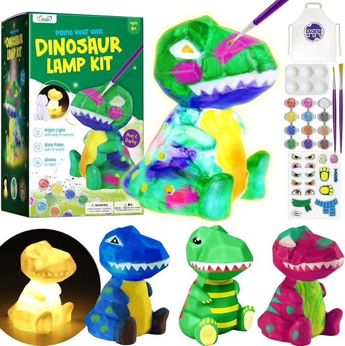 Paint Your Own Dinosaur Lamp Kit, Crafts for Kids Ages 6-12, Gifts for Boys | Dinosaur painting kit with paints and 3D night light; arts and crafts activity and birthday gift for boys ages 6-12