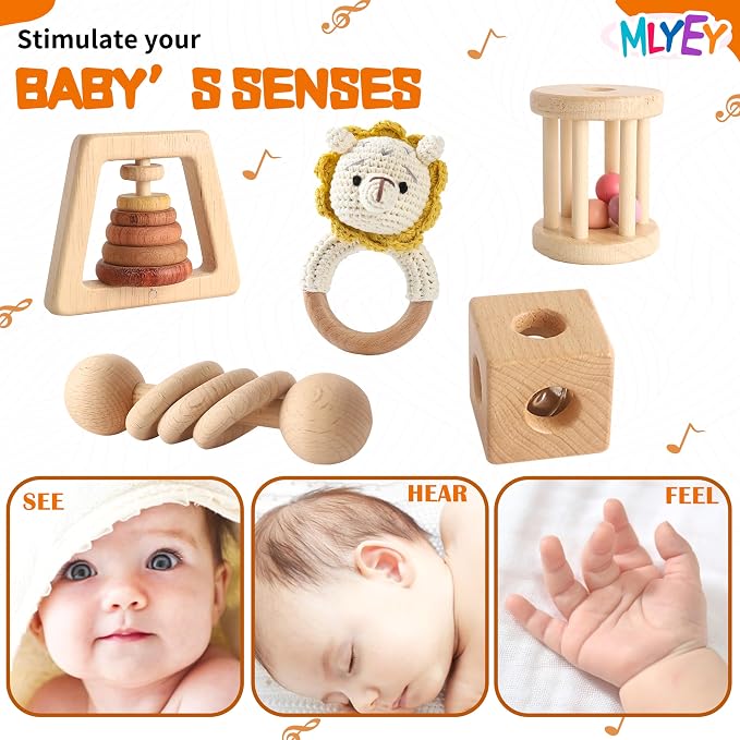 Wooden Montessori Toys 7PCS Wooden Baby Toy for Babies 12-36 Months, Natural Wood Rattle Toy Set with Crochet Lion Rattle, Gift for Infant Boys Girls