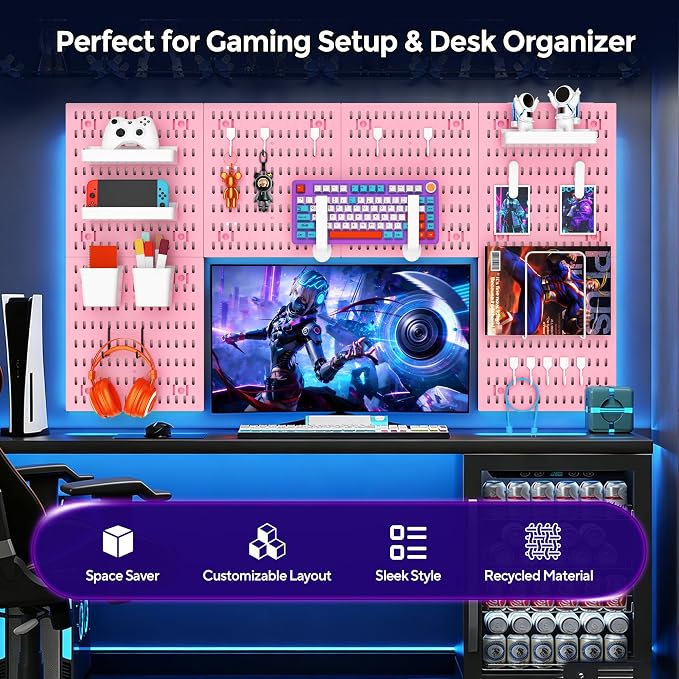Pink Peg Board, 24"x36" Pegboard Wall Organizer, Includes 6PCS Pink Peg Boards and Accessories, Plastic Peg Board Panels for Craft Room, Office, Kitchen, Gaming Room