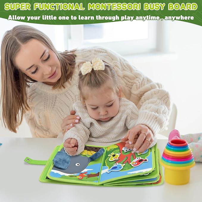 Busy Book for Toddlers 1–3, Montessori Animal Sensory Quiet Book, Fine Motor Skills Learning Toy for 1 2 3 Year Old Boys Girls, Educational Travel Toy for Airplane Car, Birthday Gift