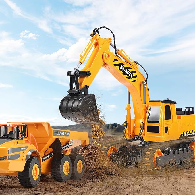 DOUBLE E Remote Control Excavator Toy, 2*Batteries 2.4GHz RC Excavator, 6-in-1 Digging/360° Rotation, 20M Range Sandbox Construction Toys Birthday Gift for Boys/Kids 6+ Years