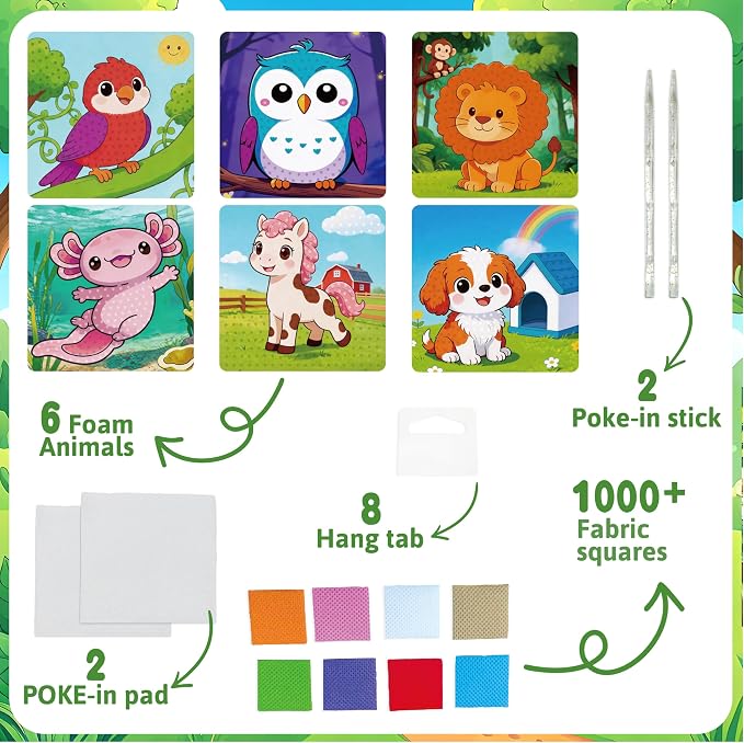 AGENTLAN Animal Poke Art Kit,Mess-Free Crafts for Kids Ages 3-8 | 6 poke in animal designs, 3D Art, no glue, no mess, screen-free activity, travel craft