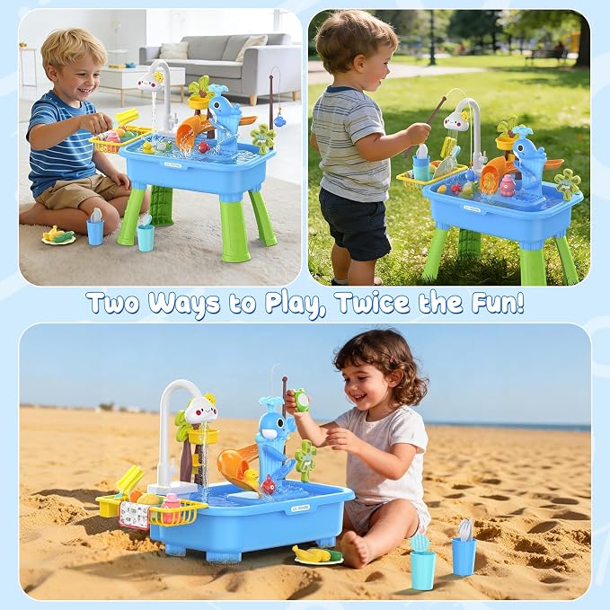 2026 Upgraded Water Table for Toddlers 1-3 - Outdoor Toys for Kids Ages 4-8 with Pump, Summer Outside Sensory Activity Pool Toys, Kitchen Play Sink Toy with Running Water, Fishing Toy, Blue