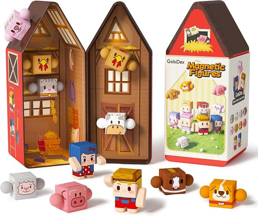 GobiDex Magnetic Travel Toys Farm Figures Set in a Portable Tin for Kids 3+ | Role Play Game, Kids Airplane Essentials, Road Trip, On-the-Go, Quiet Time, Toddler, Compatible, Poseable, Birthday Gift