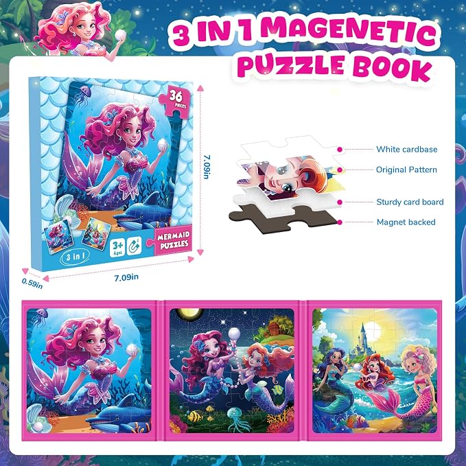 Homicozy Magnetic Puzzles for Toddler Kids 3-8, Mermaid Princess Travel Toy | 36-Pieces Magnetic Puzzles for Girls Ages 3-5 4-6, Car Airplane Road Trip Activities, Quiet Screen-Free Game, Birthday Gifts