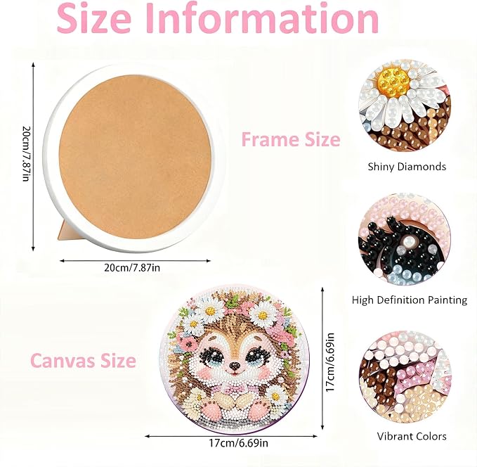 Gemozaic Hedgehog Diamond Art Kits for Kids Ages 8-12, Round Frame, 8x8 in | Cute Animal Diamond Art Paitning for Kids 10 Year Old, Easy Kid Big Gem Painting, DIY Arts and Crafts for Girl Birthday Gift