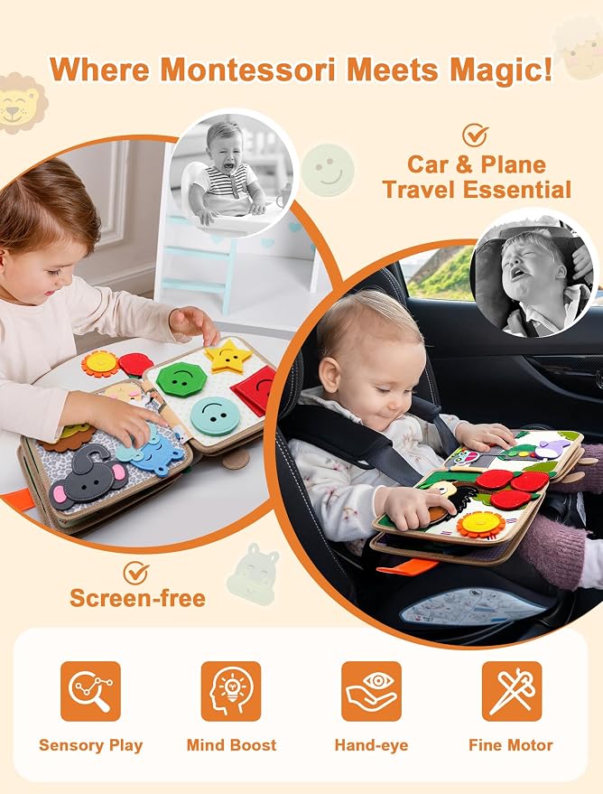 BizyKoady Busy Book for Toddlers 1-3, Montessori Toys for 1 Year Old, Kids Travel Toys, Educational Activity Book, Birthday Gifts for Boys & Girls, Washable Felt Busy Board, Giraffe