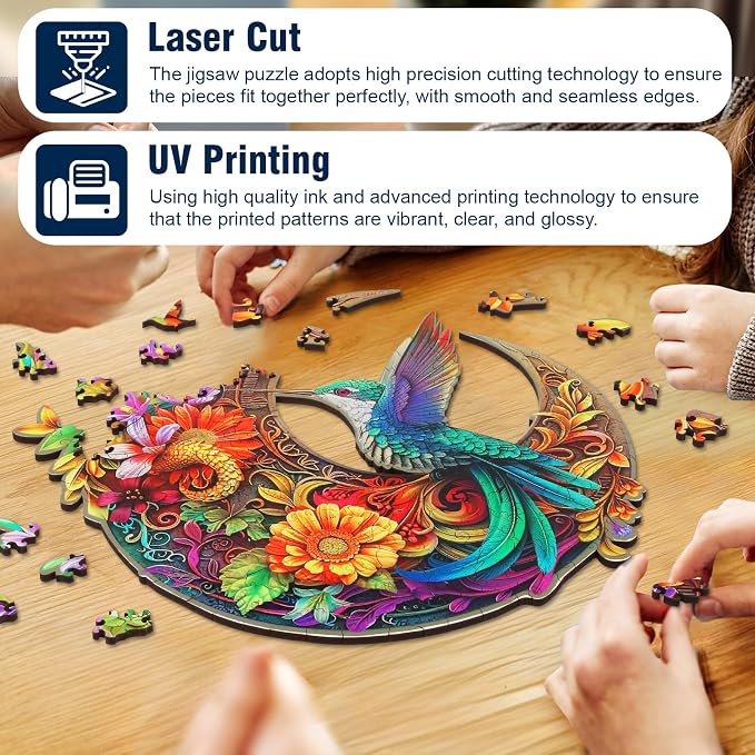 Unique Wooden Puzzles for Adults, Hummingbird Puzzle 300 Pieces 15.35" x 15.15", Animal Shaped Wood Puzzles Adult, Wooden Jigsaw Puzzles for Adults, Family Games for Kids and Adults