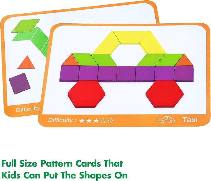 SpriteGru 300 PCS Wooden Pattern Blocks Set for Kids with 24 Double-Sided Design Cards(48 Patterns) and Storage Bag in Gift Box,Fun Montessori Learning Toys