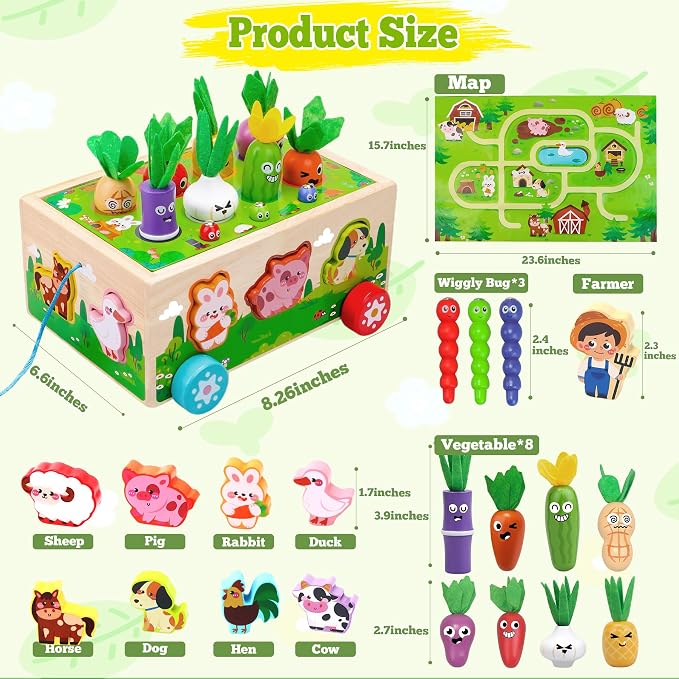 Montessori Toys for 1 Year Old|Wood Animal Shape Sorting Toys with Game Map | First Birthday Gifts for Girls|Educational Toys for 1 Year Old|Farm Carrot Harvest learning Toys|1st birthday girl gifts
